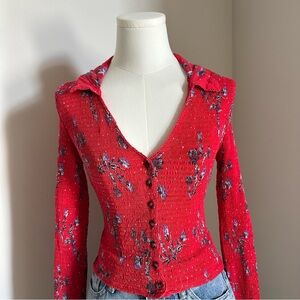 Free People Amelia Red Printed Smocked Bell Sleeve Blouse, Button Down